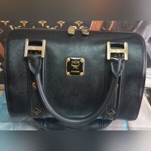 MCM Black Safiano Leather Boston Bag